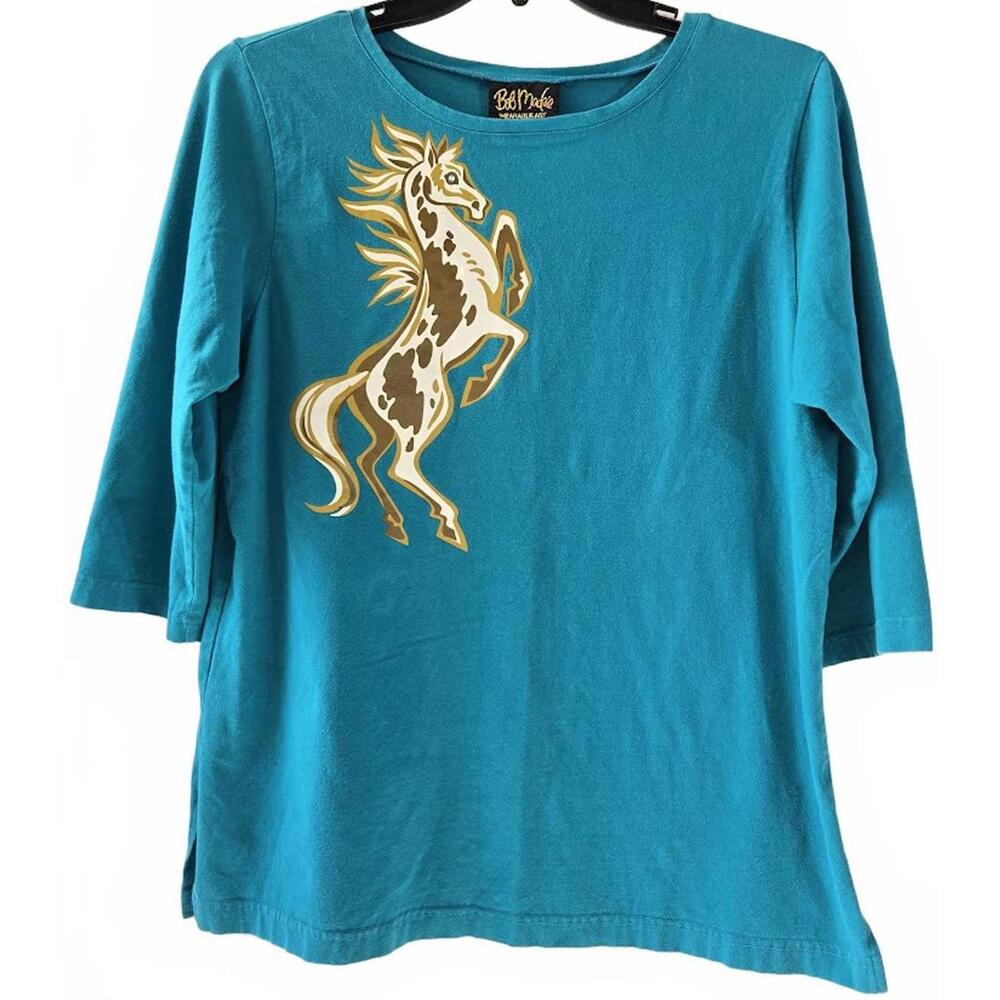 Bob Mackie Wearable Art Blue Cotton Spandex Horse Graphic Shirt Large